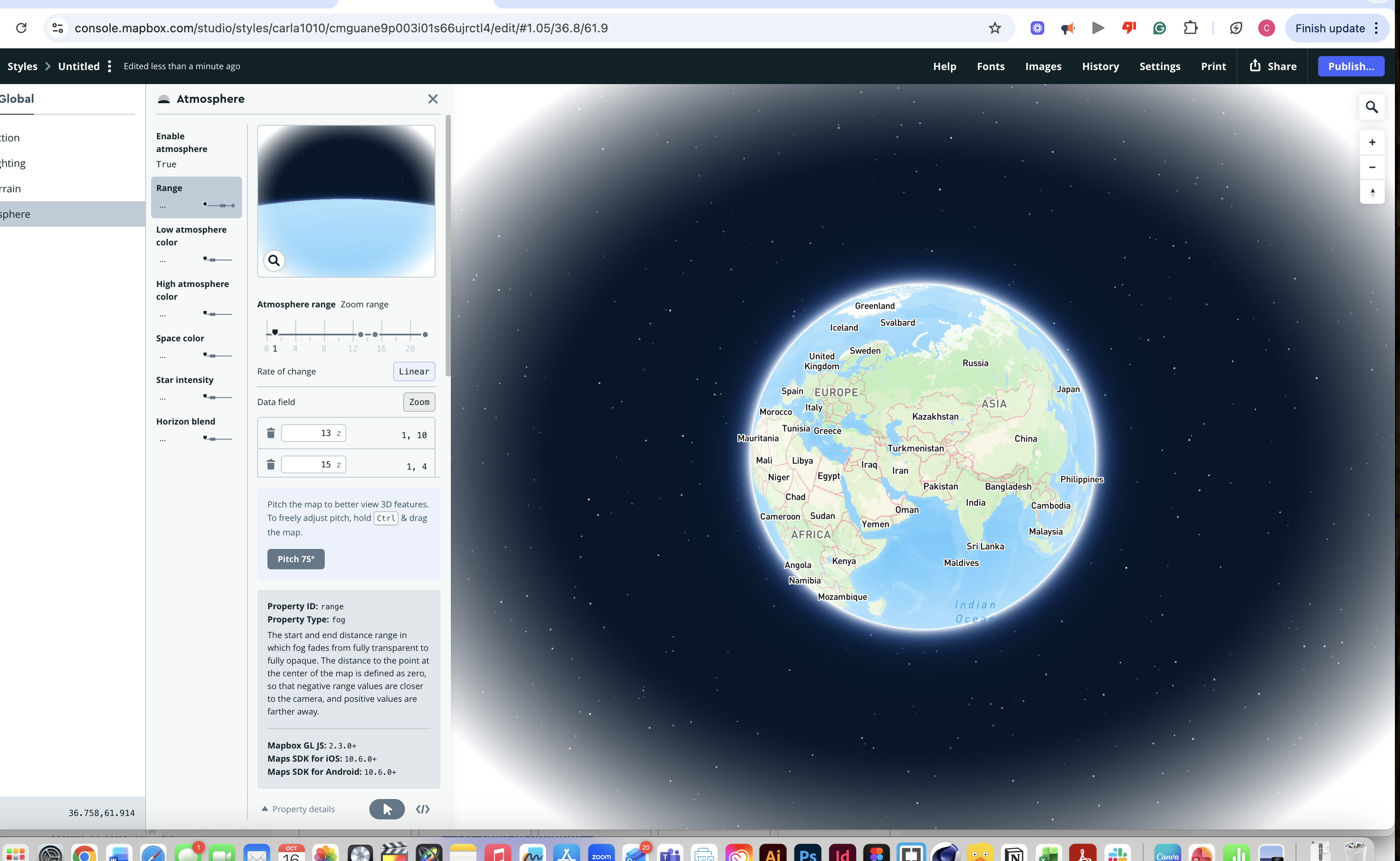 The atmosphere settings panel is active, showing customized horizon blending and color gradients applied to a 3D globe.