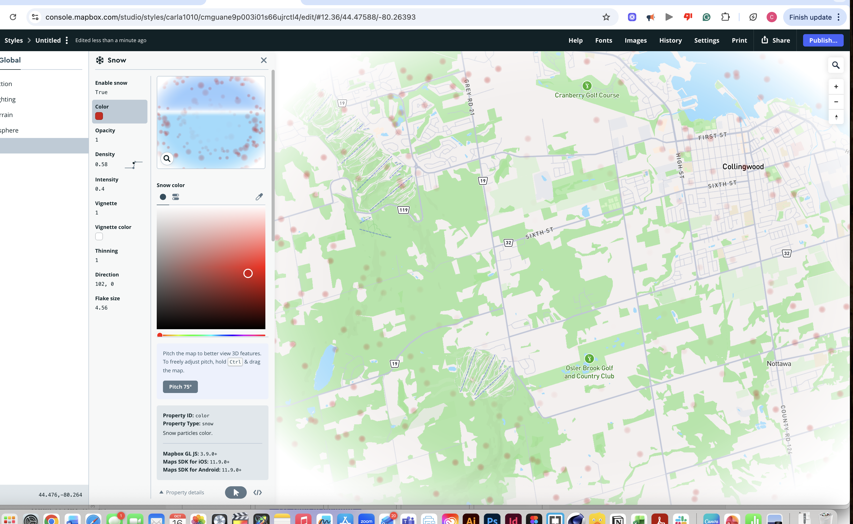 The snow effect panel is configured with high density and red-tinted particle settings layered over the Collingwood map.