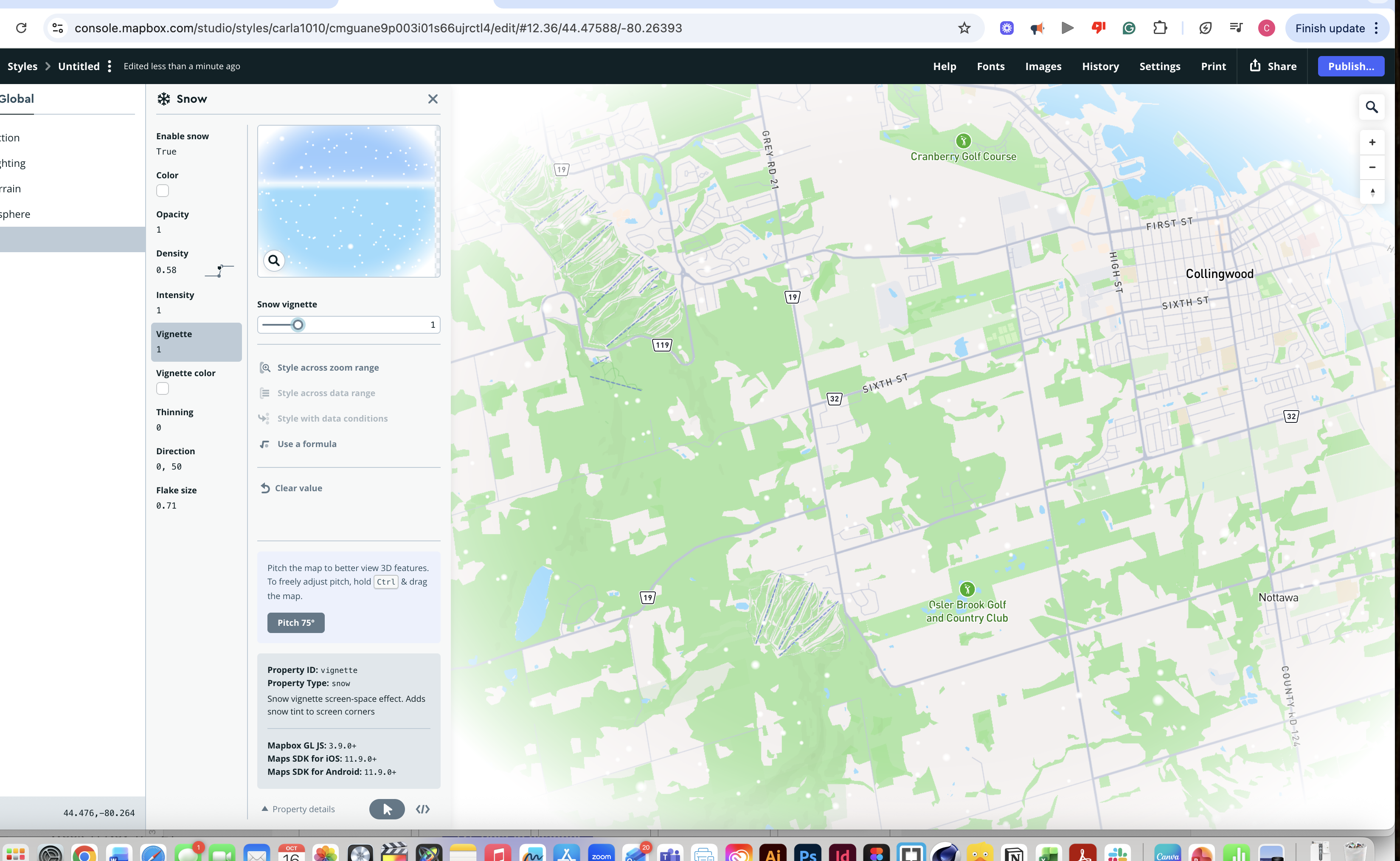 The snow vignette settings create soft, white snowfall concentrated around the edges of the map.
