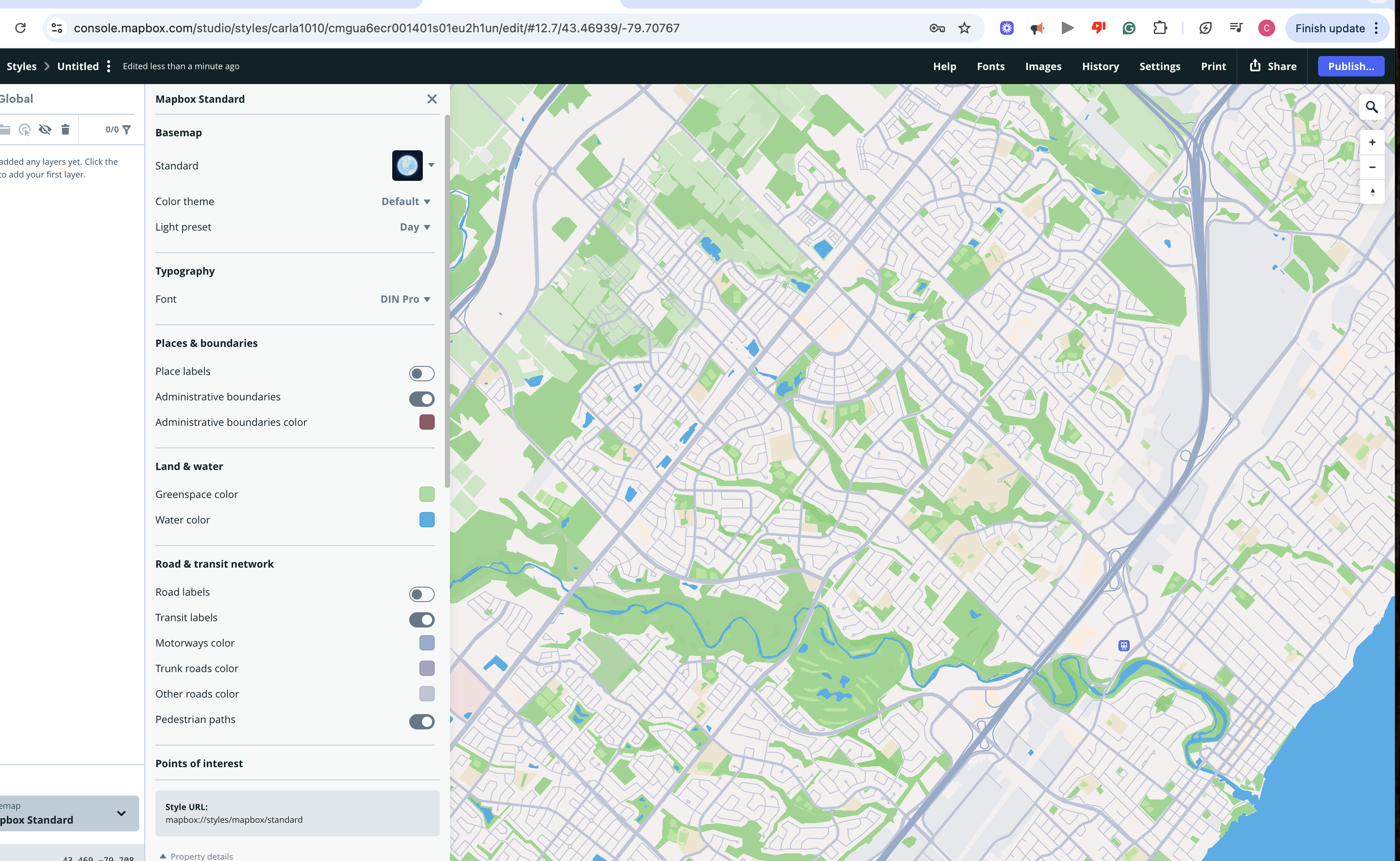 The Mapbox Standard style presents a detailed suburban layout with customized land, water, and transportation colors.