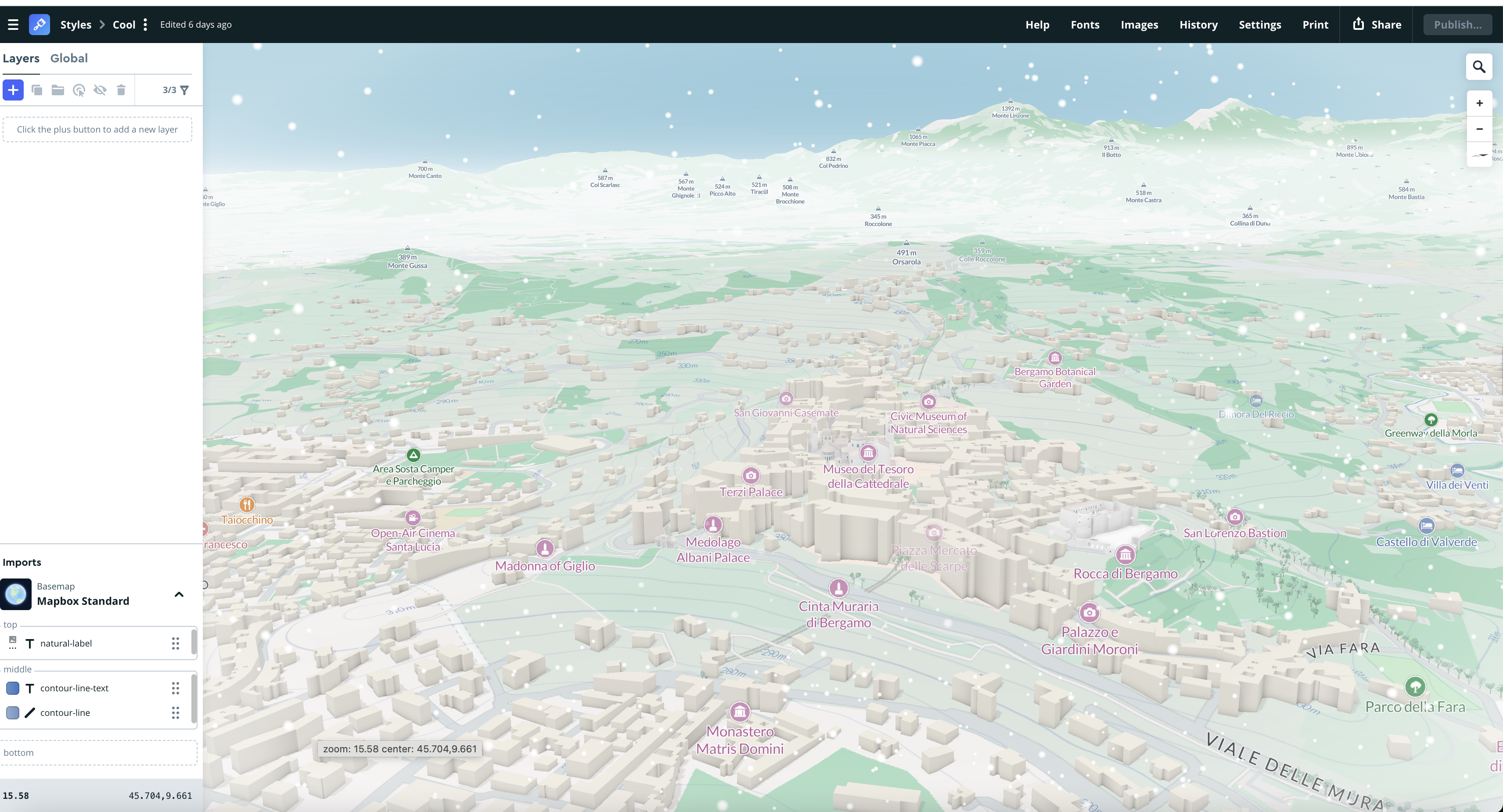A fully customized 3D Mapbox environment combines contour layers, natural labels, and active snowfall over the terrain.