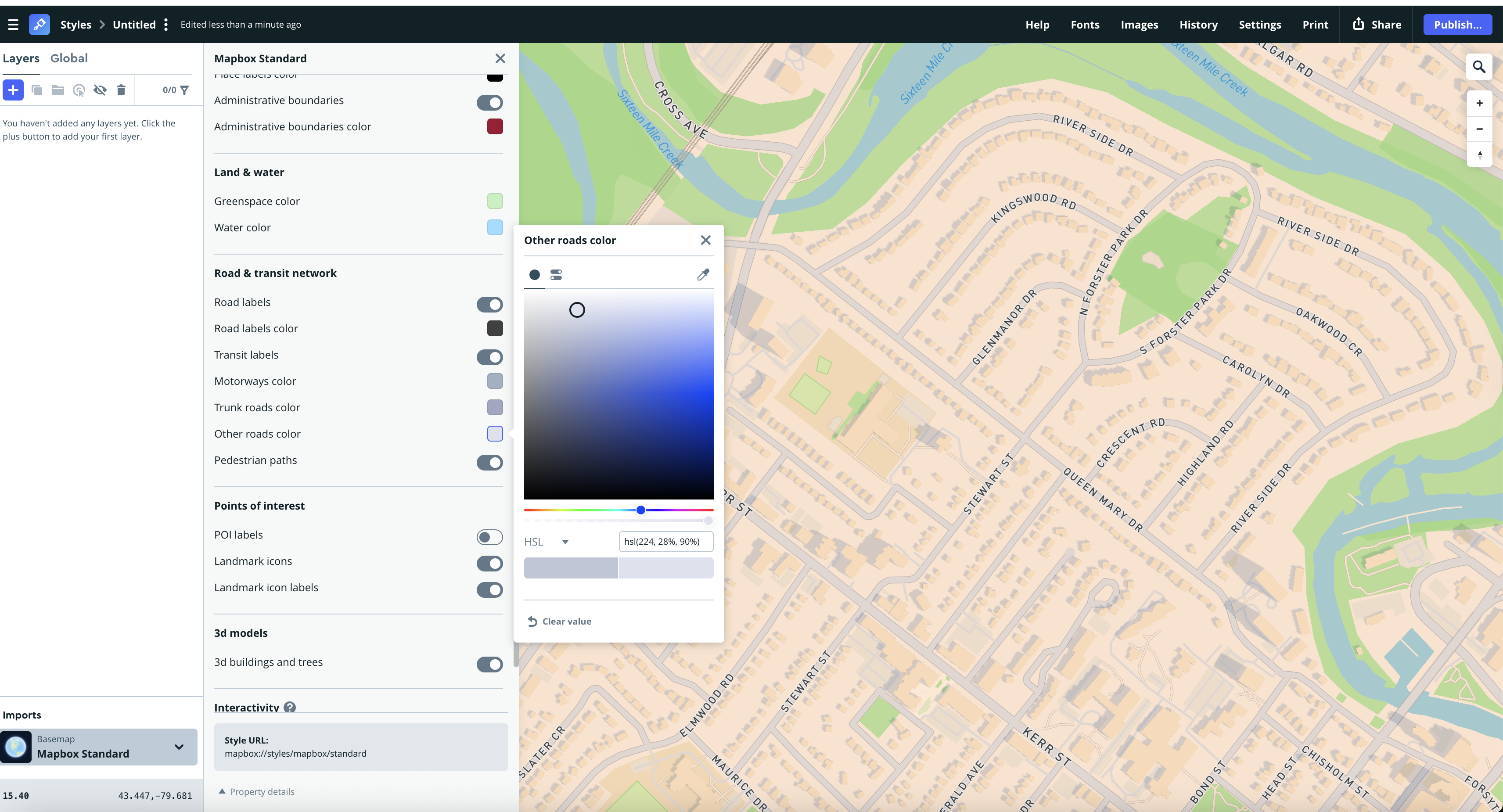 The road-styling interface shows the “Other roads” color picker open while refining the blue–grey palette applied to residential streets.